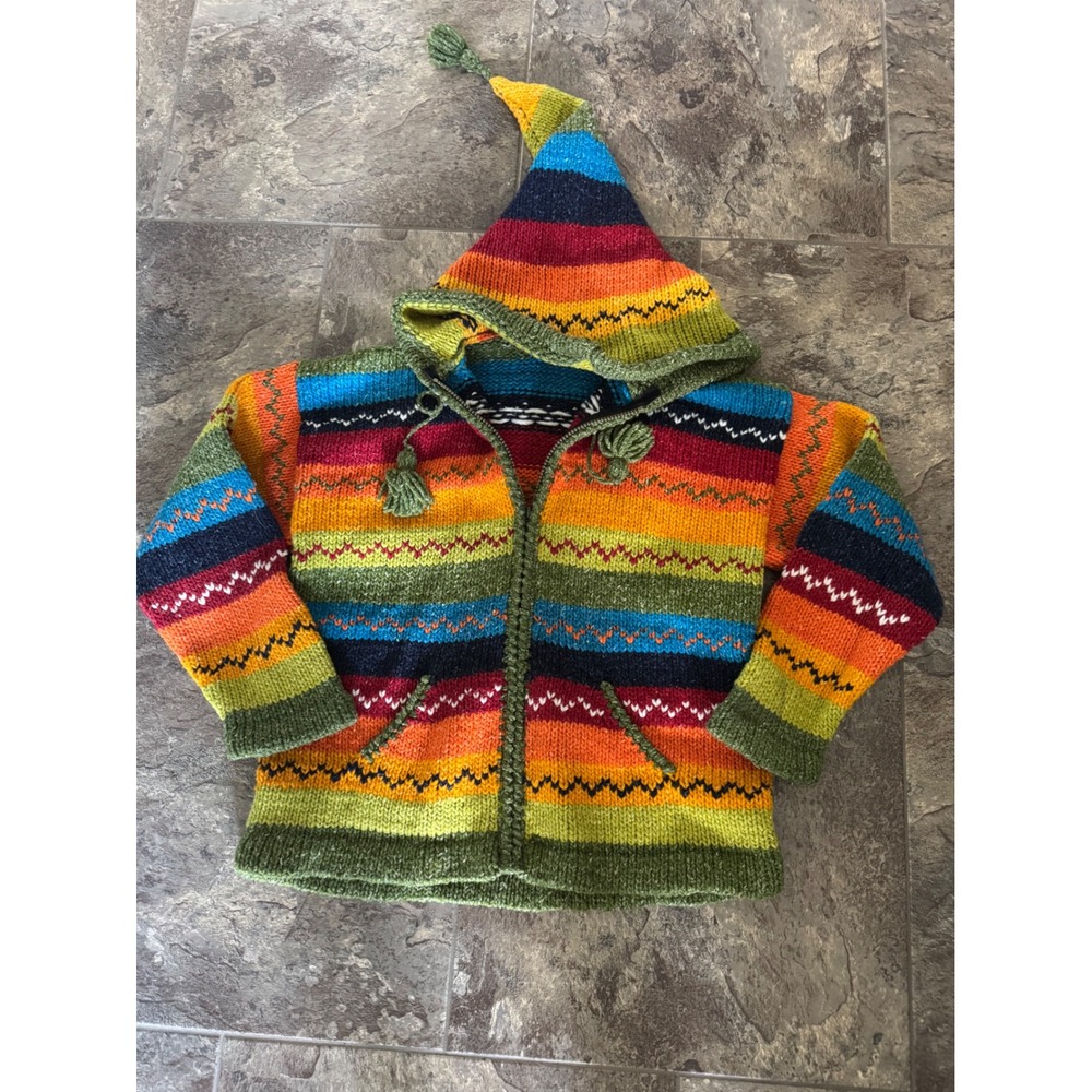 Kids Colorful Knit Hooded Wool Sweater Rainbow Pixie Elf Hood Jacket EUC‎ Vintae
